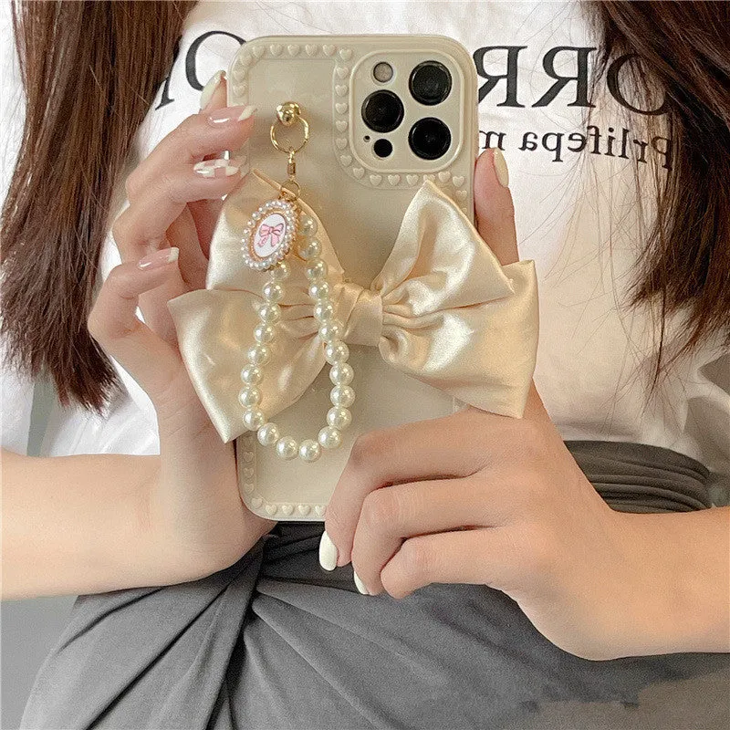 Bowknot pearl chain TPU phone case for iPhone in beige solid colour rear cover style