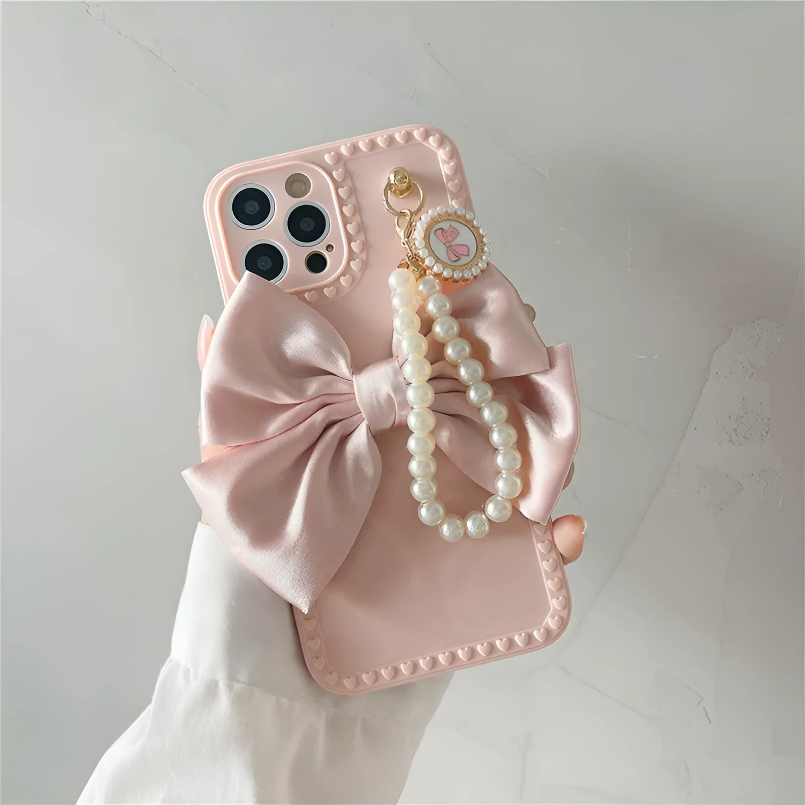 Bowknot pearl chain TPU phone case for iPhone in beige solid colour rear cover style