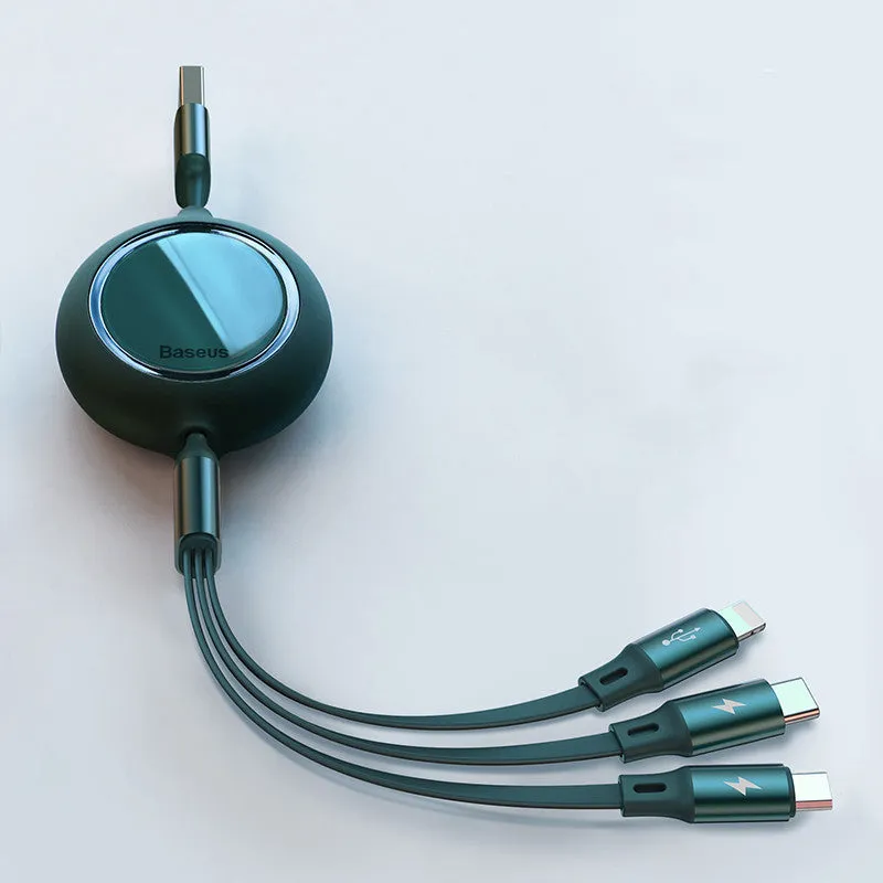 Retractable 3-in-1 car charging cable in black with Lightning, Type-C, and Micro USB connectors, 1.2m length