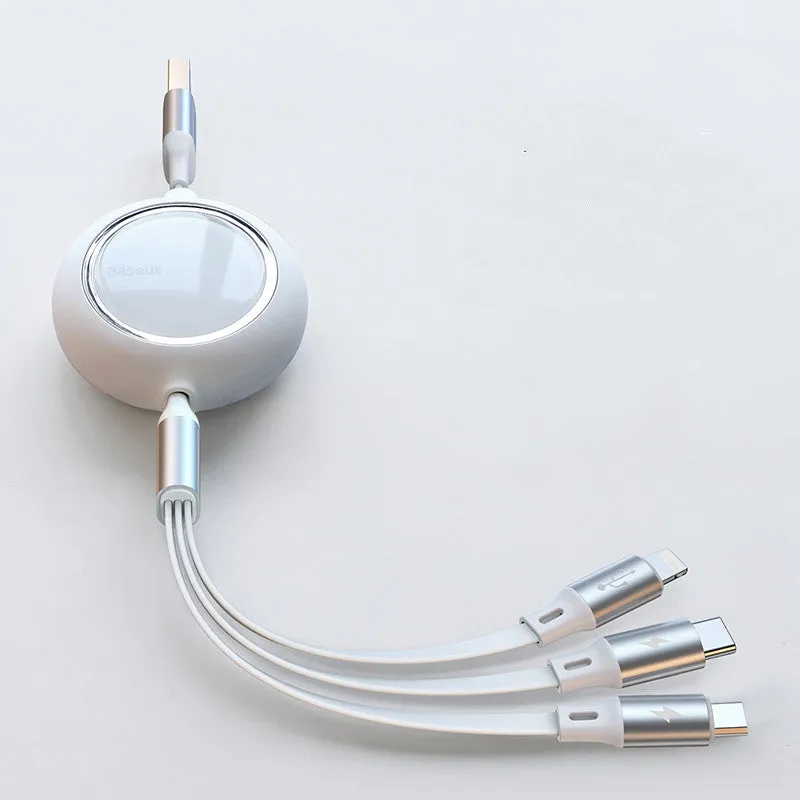 Retractable 3-in-1 car charging cable in black with Lightning, Type-C, and Micro USB connectors, 1.2m length