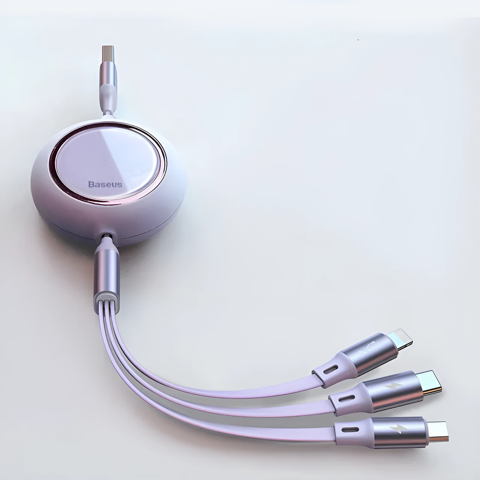 Retractable 3-in-1 car charging cable in black with Lightning, Type-C, and Micro USB connectors, 1.2m length