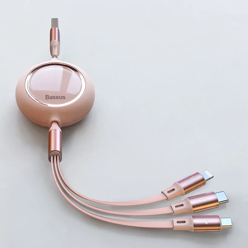 Retractable 3-in-1 car charging cable in black with Lightning, Type-C, and Micro USB connectors, 1.2m length