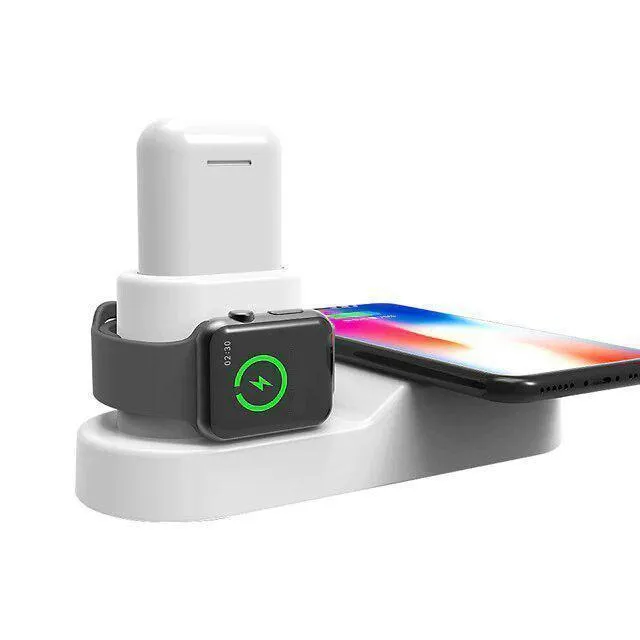 Black and white W3 wireless charging station showing Apple Watch charger, phone charging surface and rotating connector dock