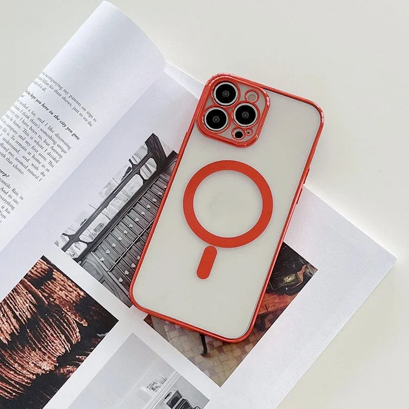 Magnetic charging phone case with plated frame for iPhone in solid colour plastic back cover