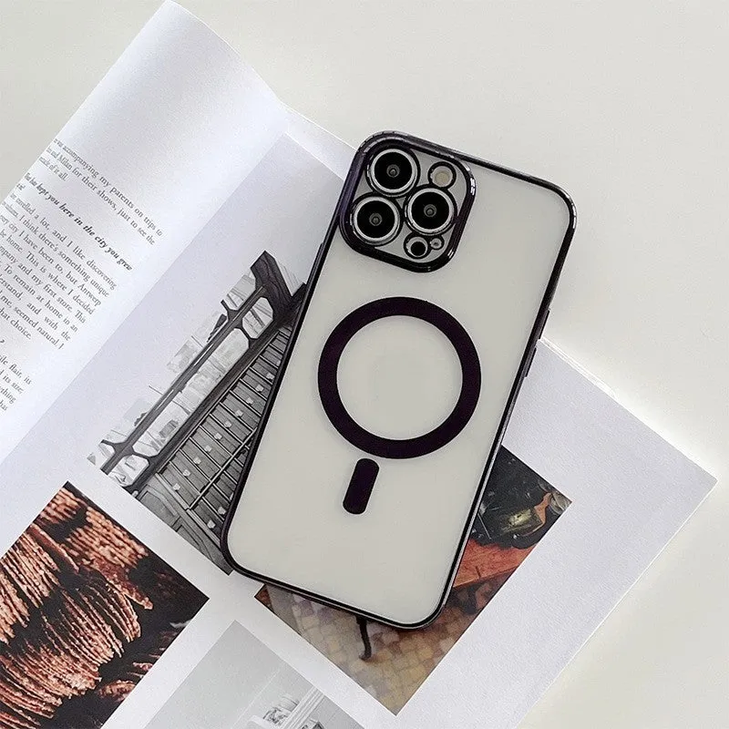Magnetic charging phone case with plated frame for iPhone in solid colour plastic back cover