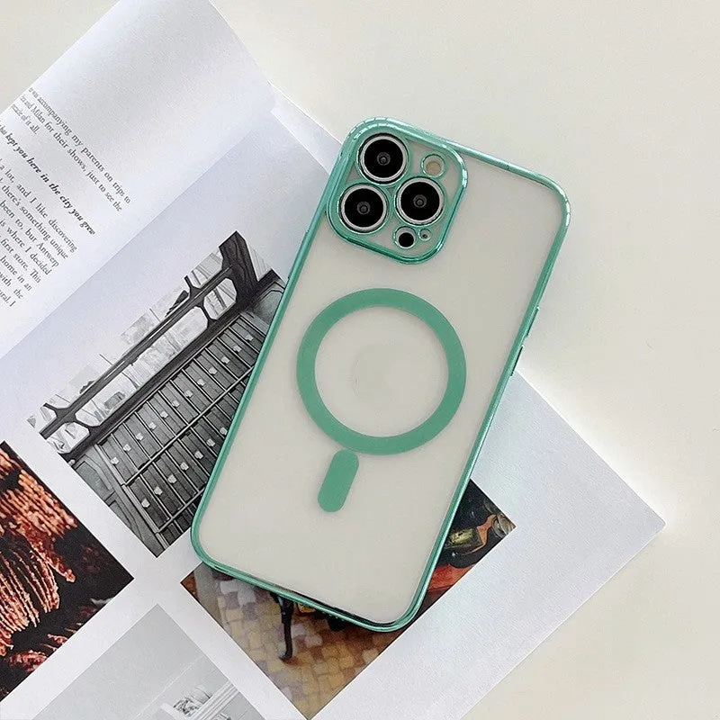 Magnetic charging phone case with plated frame for iPhone in solid colour plastic back cover