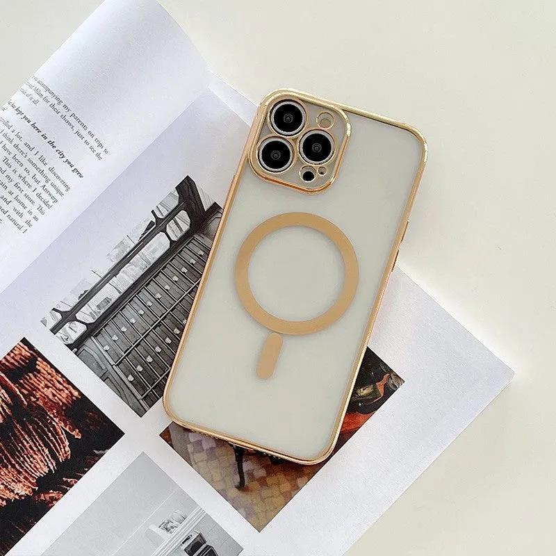 Magnetic charging phone case with plated frame for iPhone in solid colour plastic back cover