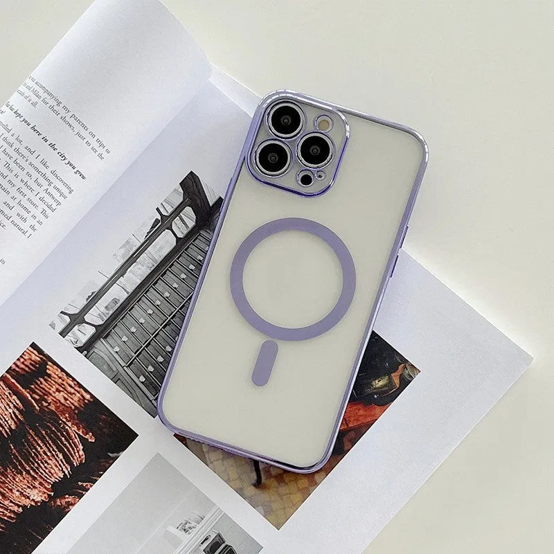 Magnetic charging phone case with plated frame for iPhone in solid colour plastic back cover