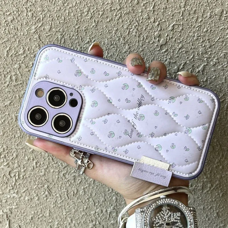 Creative down jacket small floral embossed leather phone case for iPhone