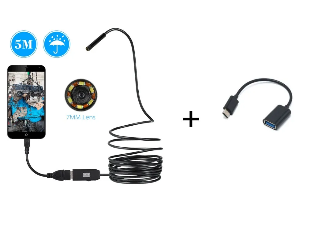 OWSOO USB endoscope camera with flexible tube, 6 LEDs, and attachments including hook and magnet