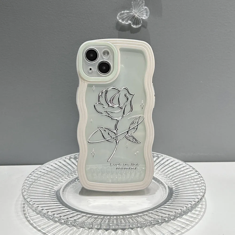 Rose transparent TPU silicone phone case with clear black rose pattern and colourful love lanyard for iPhone