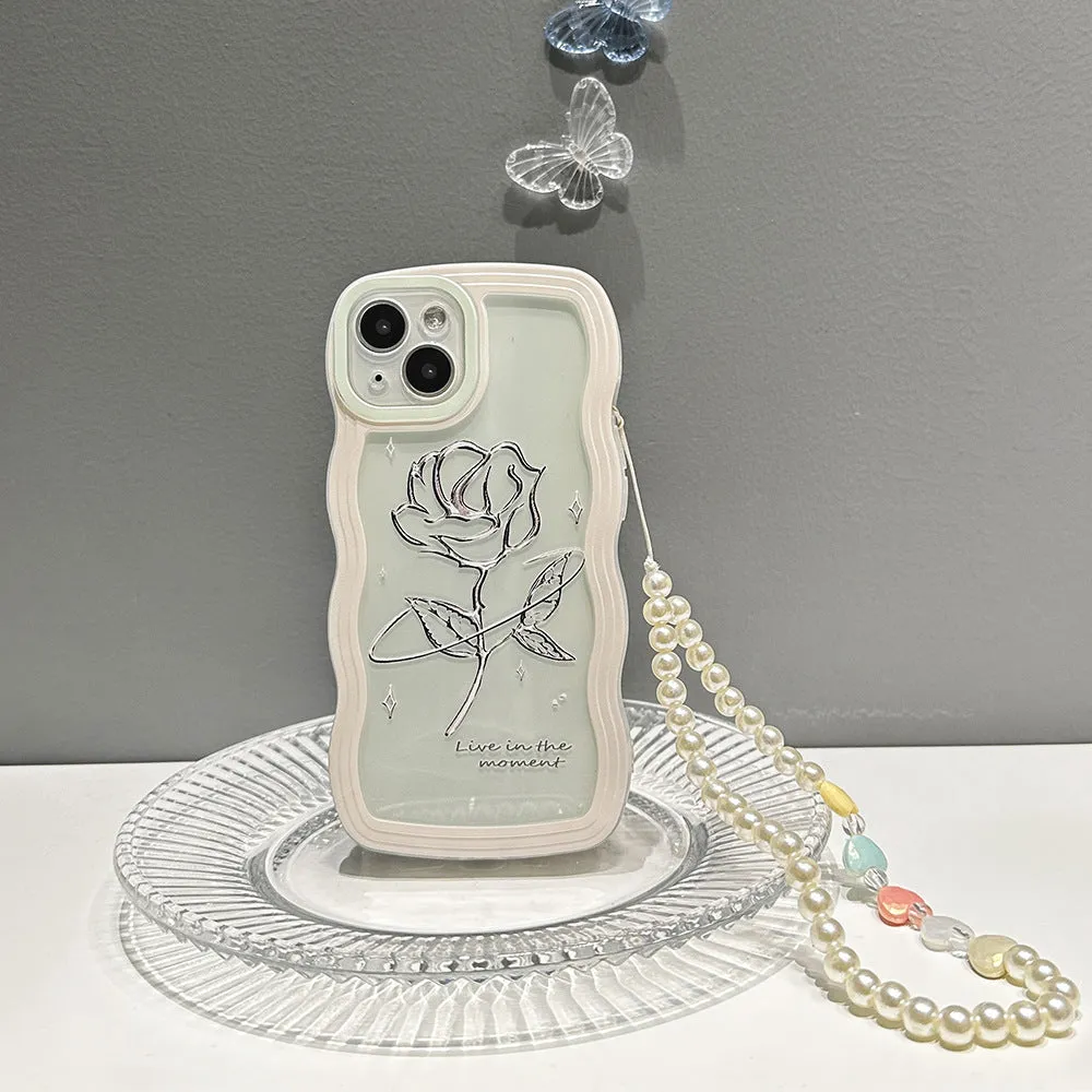 Rose transparent TPU silicone phone case with clear black rose pattern and colourful love lanyard for iPhone