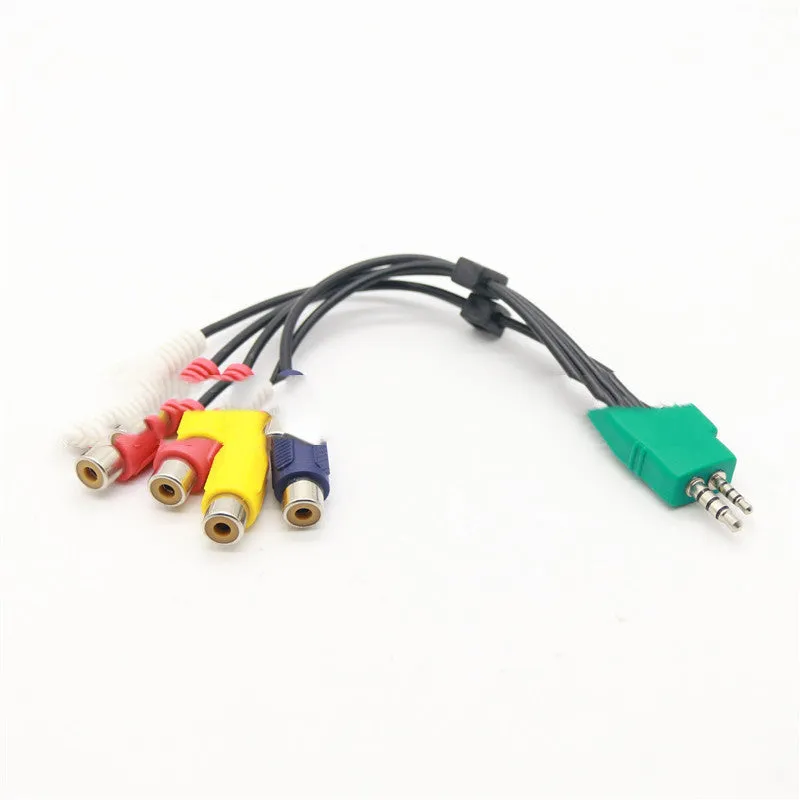 Black tinned copper AV cable with 3.5mm plus 2.5mm plug on one end and five RCA connectors on the other, 18cm length