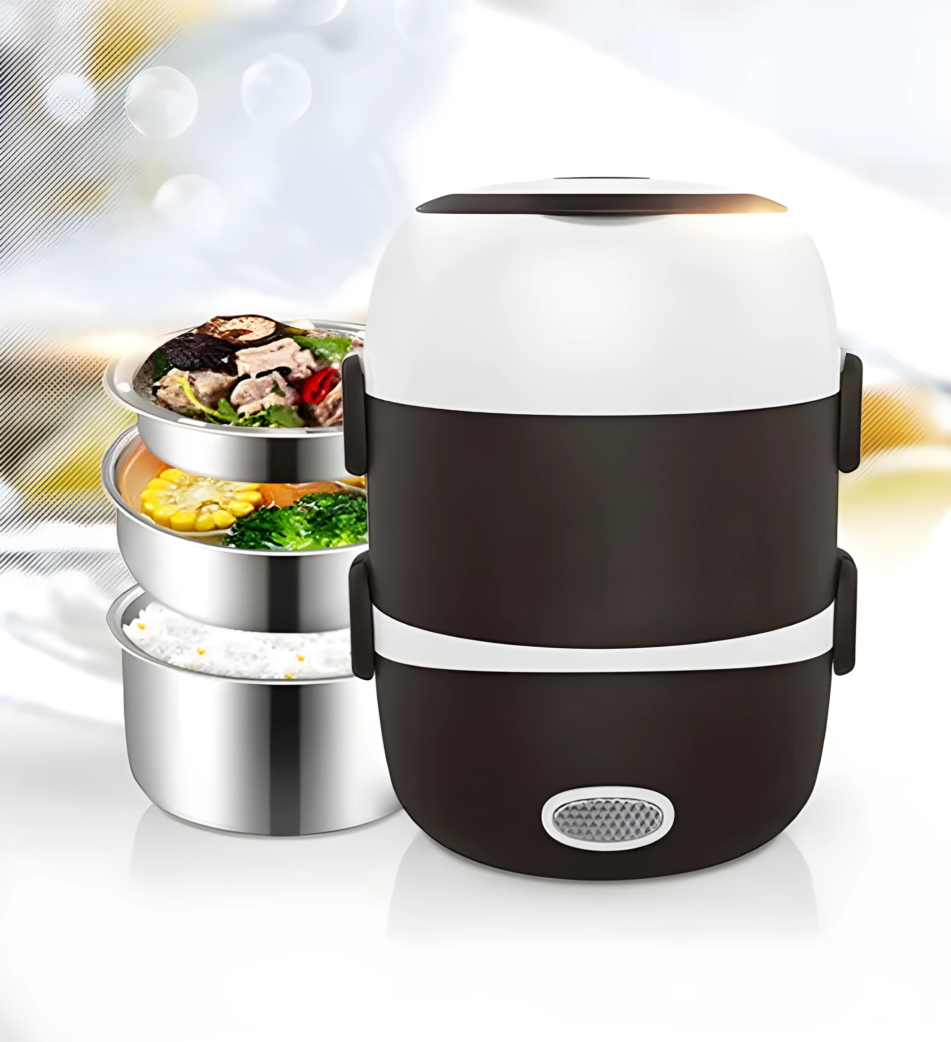 USB-powered multi-function lunch box showing 190mm insulated container with heating element