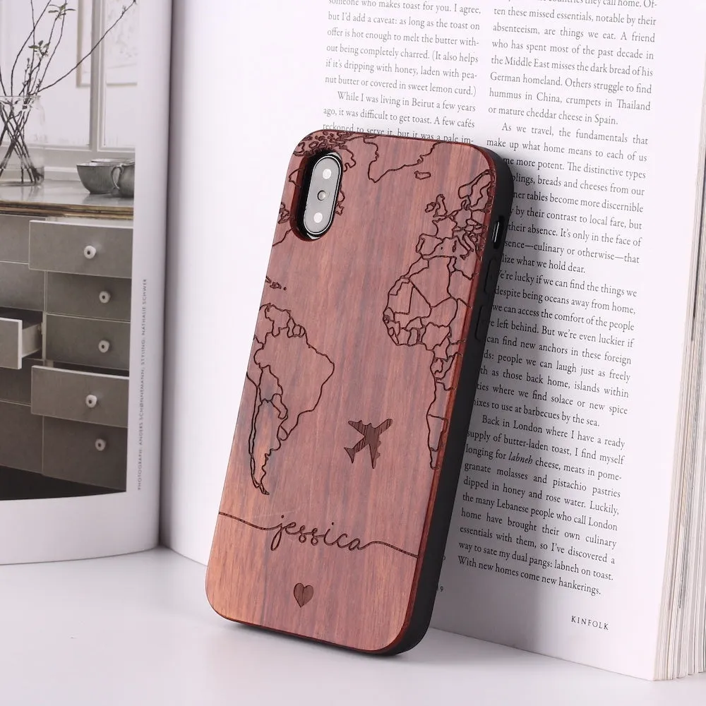 Solid wood carved protective phone case for iPhone models, brown finish with PC frame