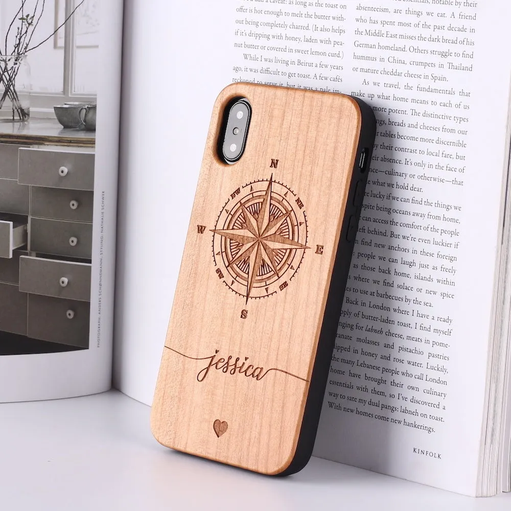 Solid wood carved protective phone case for iPhone models, brown finish with PC frame