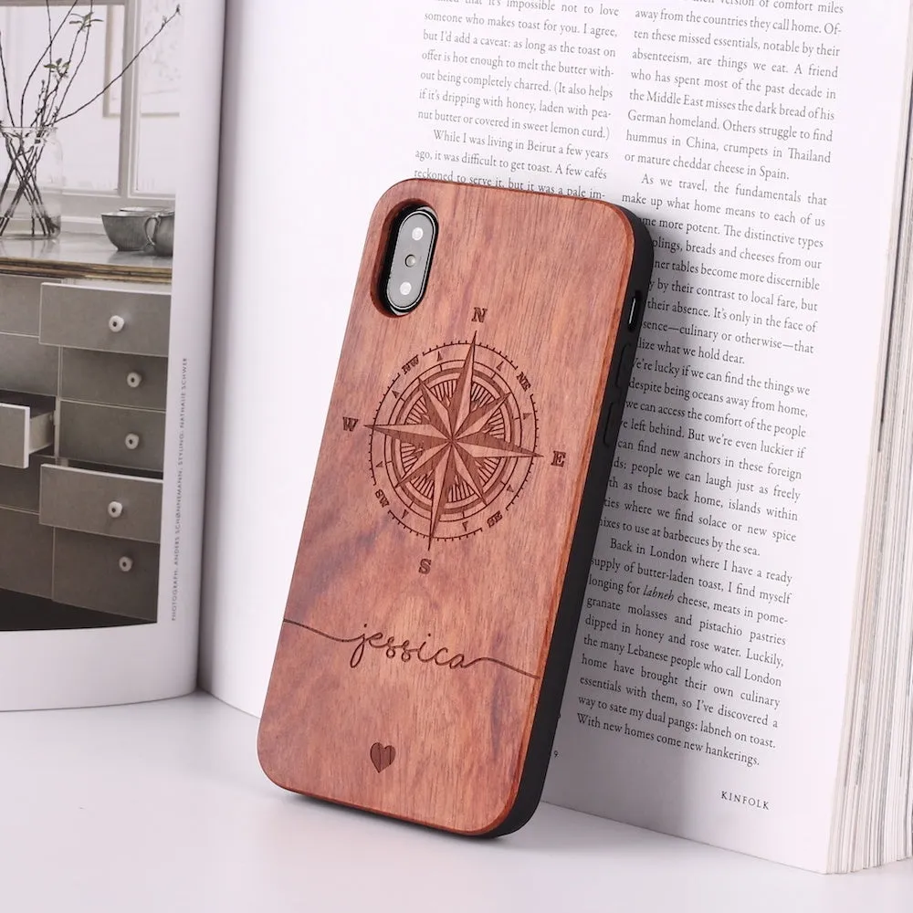 Solid wood carved protective phone case for iPhone models, brown finish with PC frame