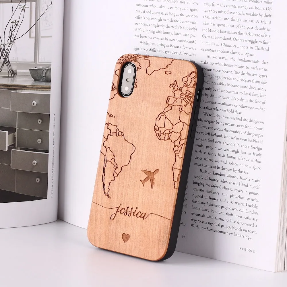 Solid wood carved protective phone case for iPhone models, brown finish with PC frame