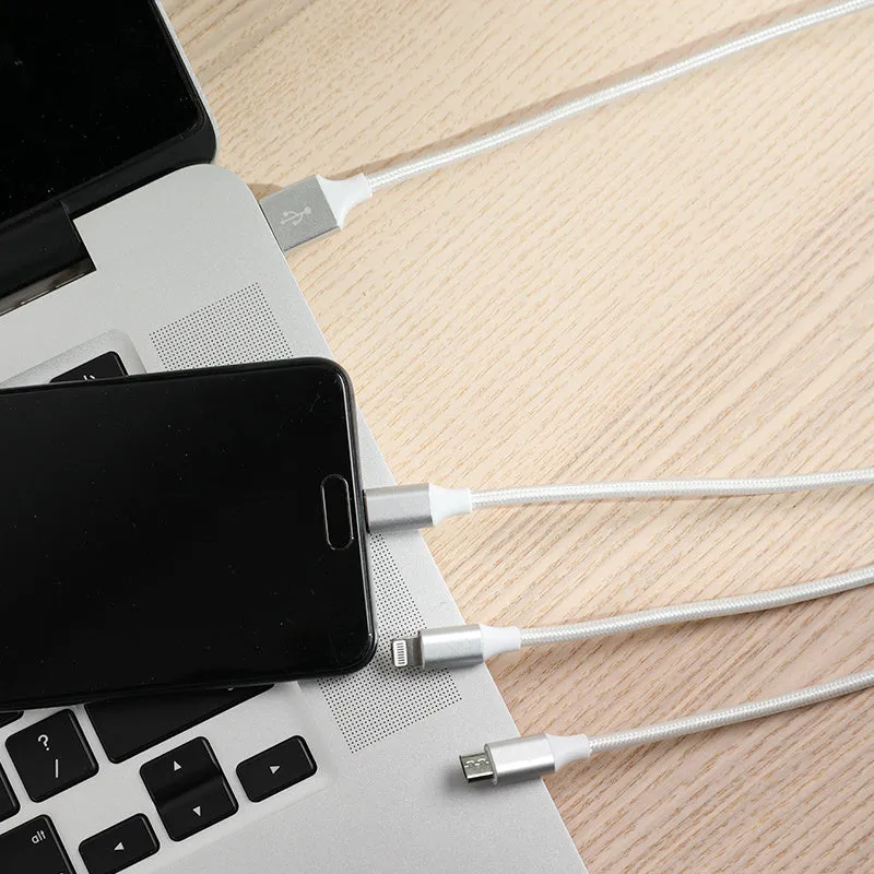 White Type-C three-in-one data cable 2 metres long with three charging heads and nylon braided outer layer