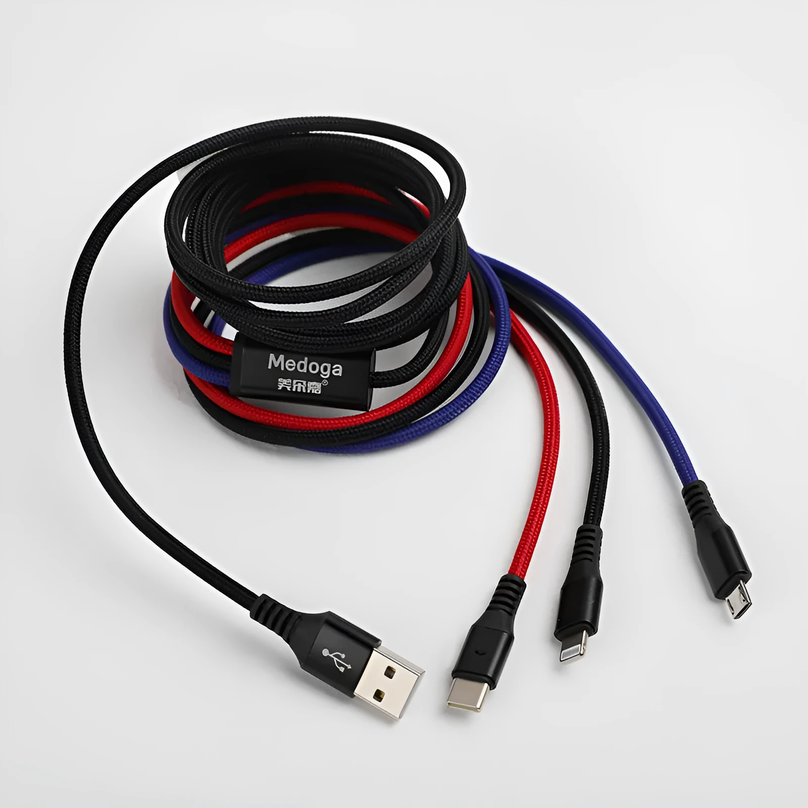 White Type-C three-in-one data cable 2 metres long with three charging heads and nylon braided outer layer