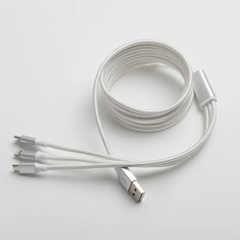 White Type-C three-in-one data cable 2 metres long with three charging heads and nylon braided outer layer