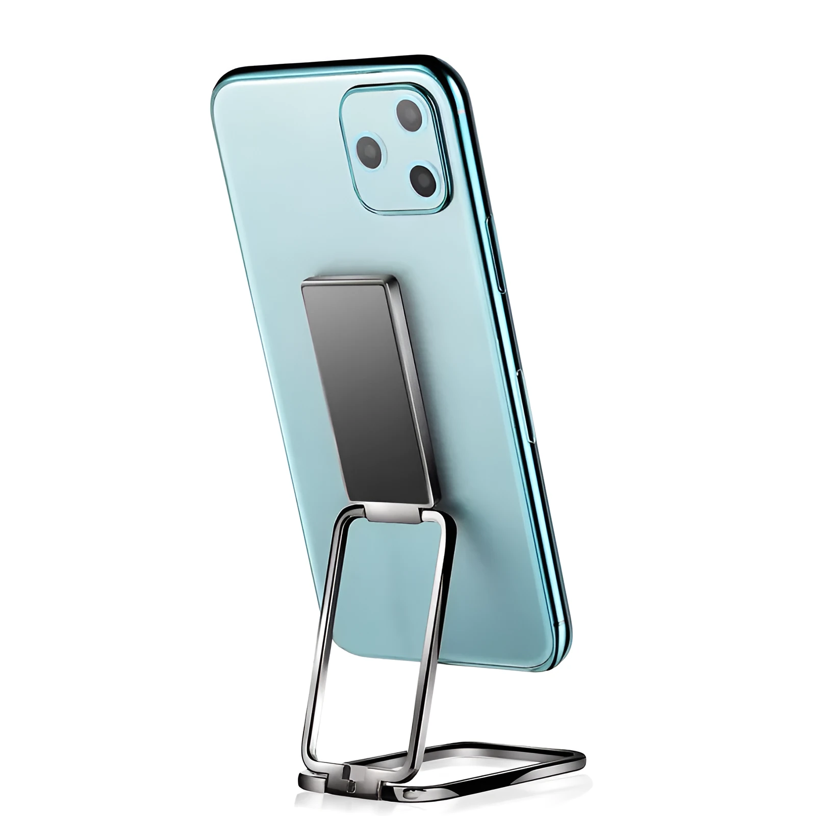 Folding double ring metal phone holder in silver with square buckle, open on a desk holding a smartphone