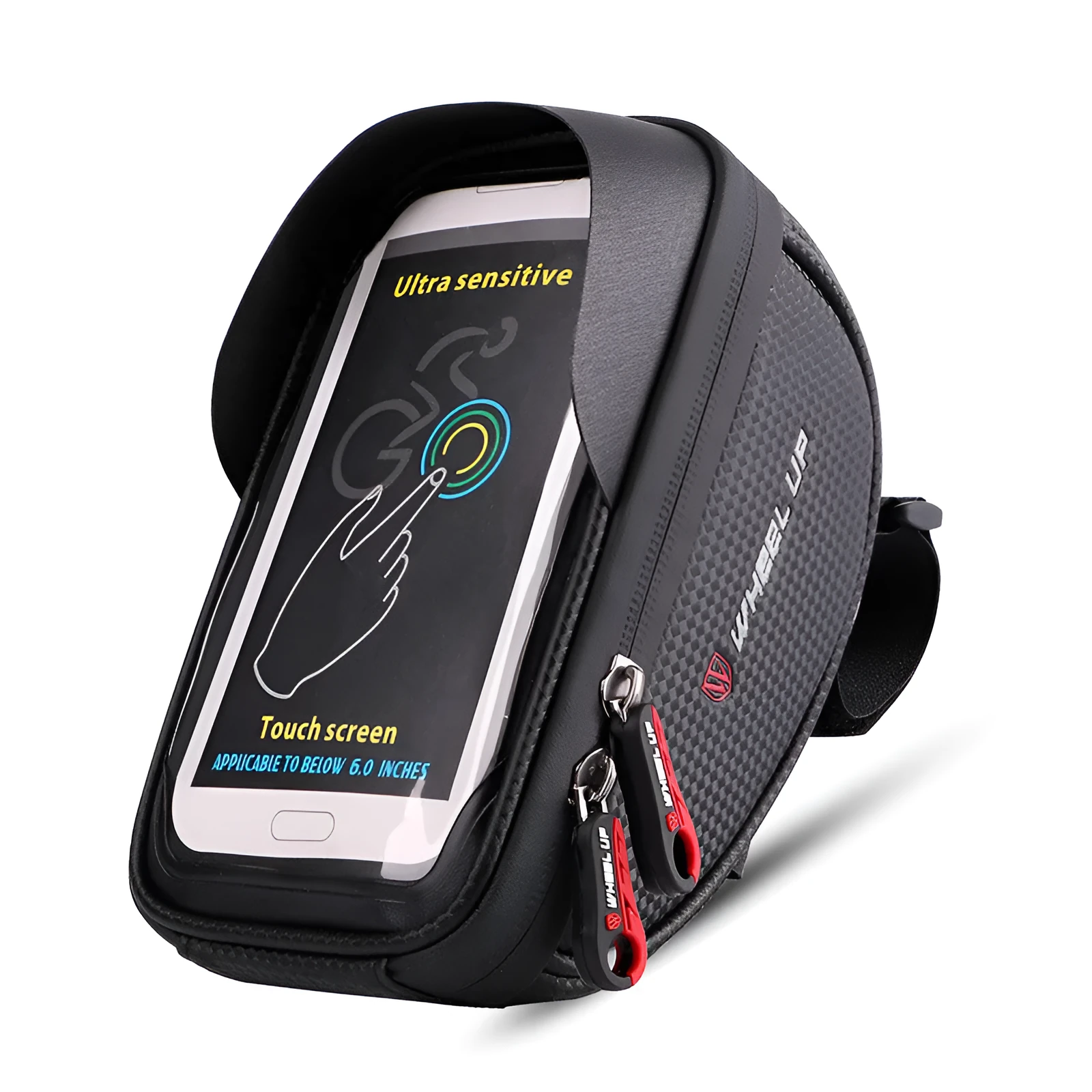 Black bicycle handlebar bag with TPU touch screen window and waterproof zipper