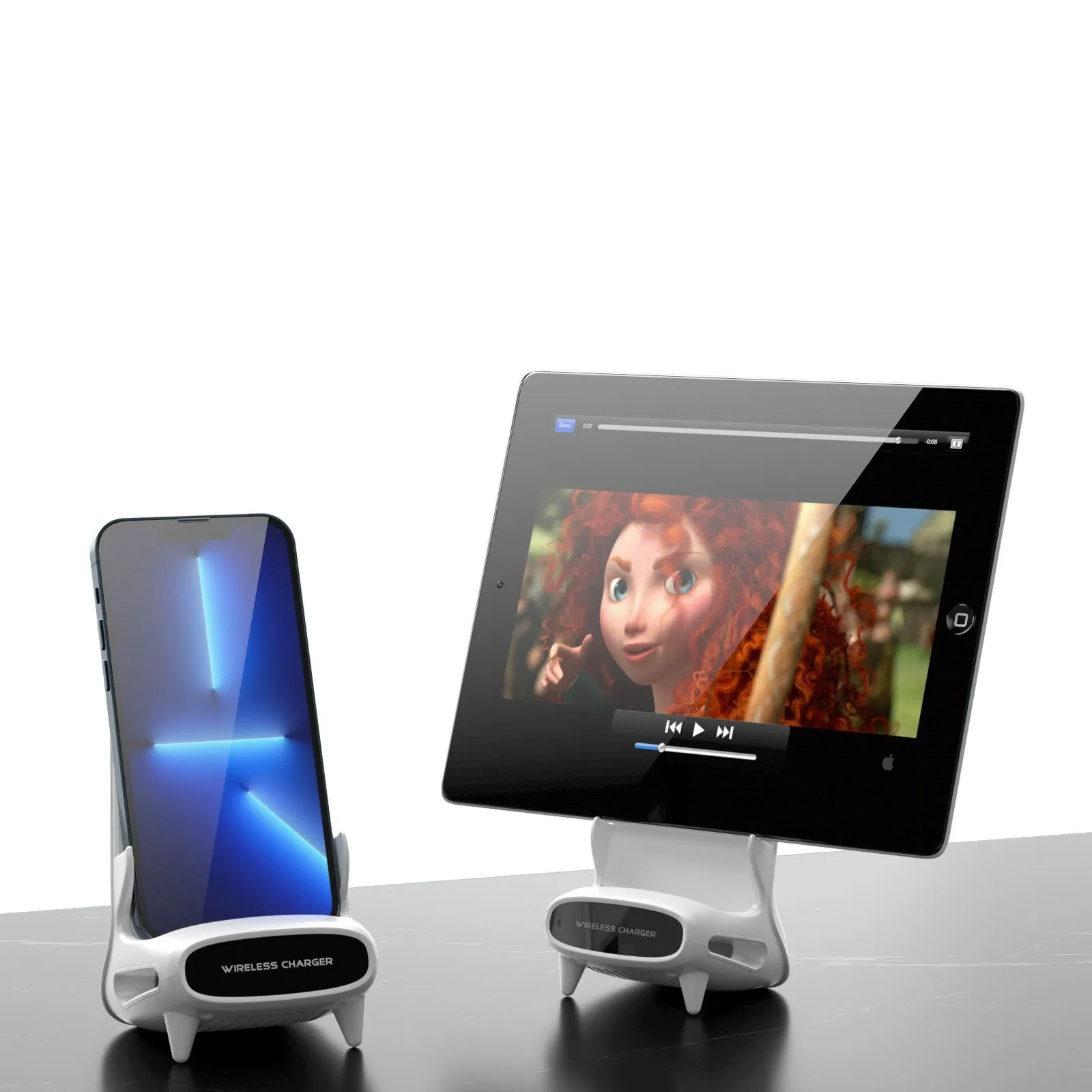 White 15W vertical wireless fast charger stand for phone and tablet with Type-C input on desk