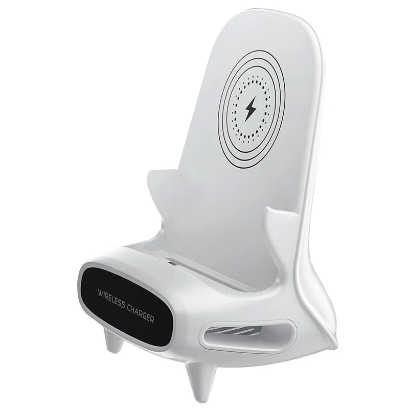 White 15W vertical wireless fast charger stand for phone and tablet with Type-C input on desk
