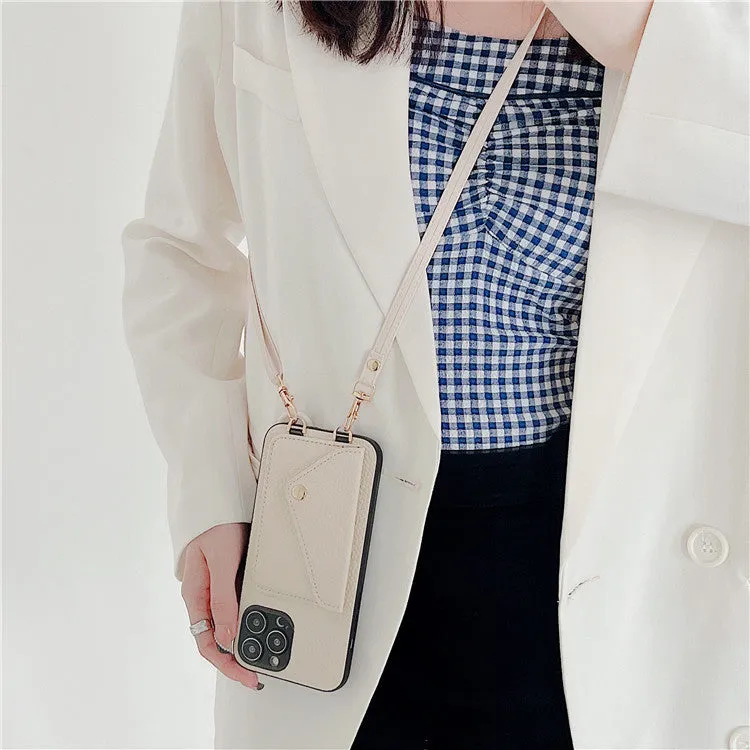 Lychee pattern card holder phone case with envelope diagonal card slot for iPhone, detachable rope