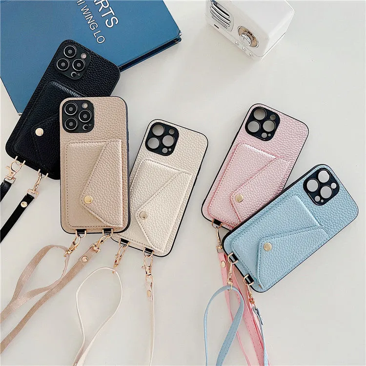 Lychee pattern card holder phone case with envelope diagonal card slot for iPhone, detachable rope