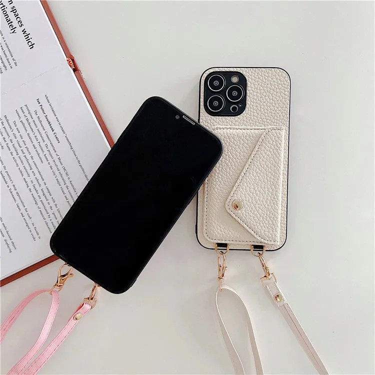 Lychee pattern card holder phone case with envelope diagonal card slot for iPhone, detachable rope