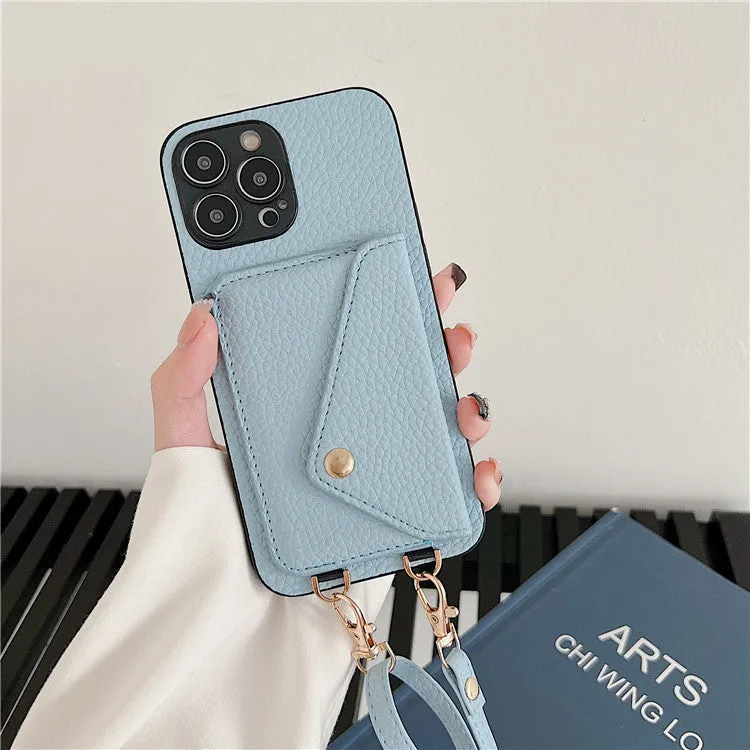 Lychee pattern card holder phone case with envelope diagonal card slot for iPhone, detachable rope