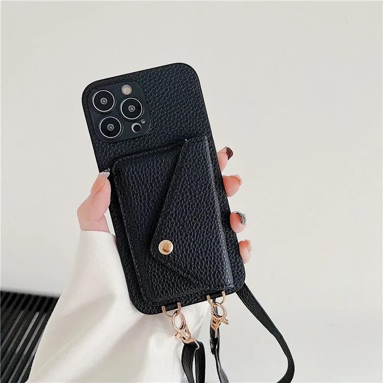 Lychee pattern card holder phone case with envelope diagonal card slot for iPhone, detachable rope