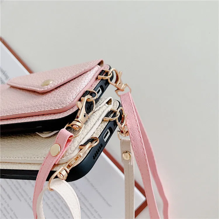 Lychee pattern card holder phone case with envelope diagonal card slot for iPhone, detachable rope