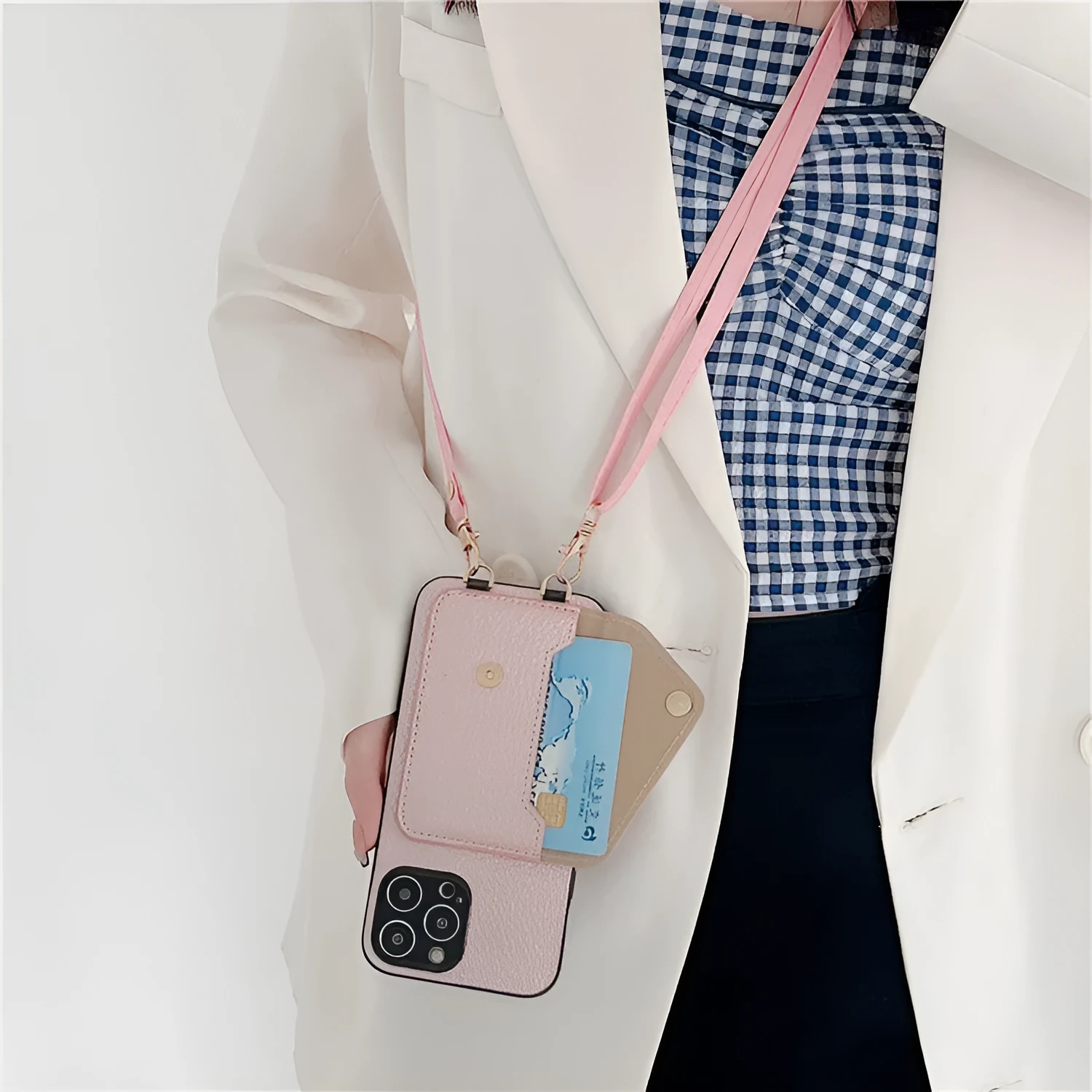 Lychee pattern card holder phone case with envelope diagonal card slot for iPhone, detachable rope