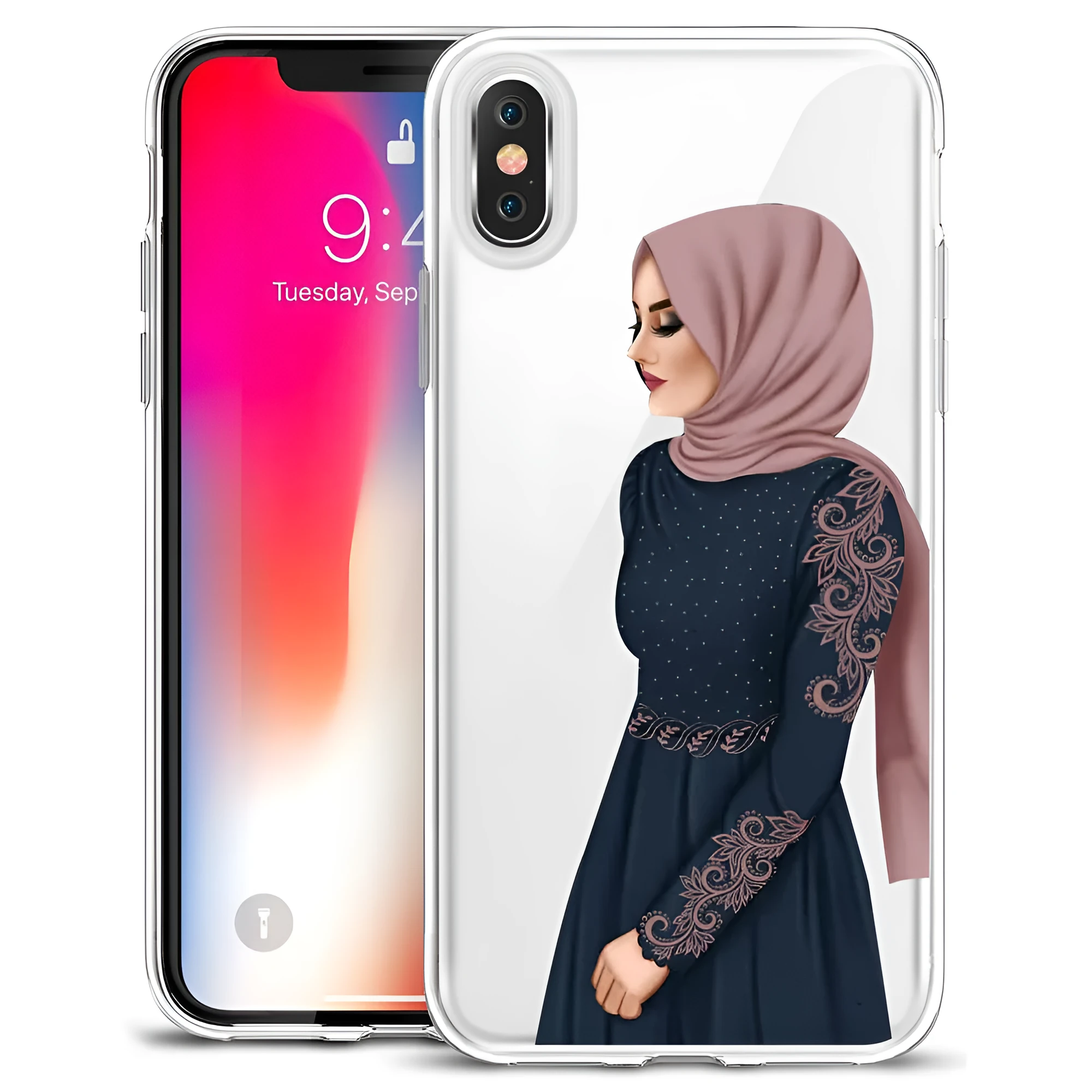 TPU back cover for iPhone with cartoon Muslim girl design on solid colour background