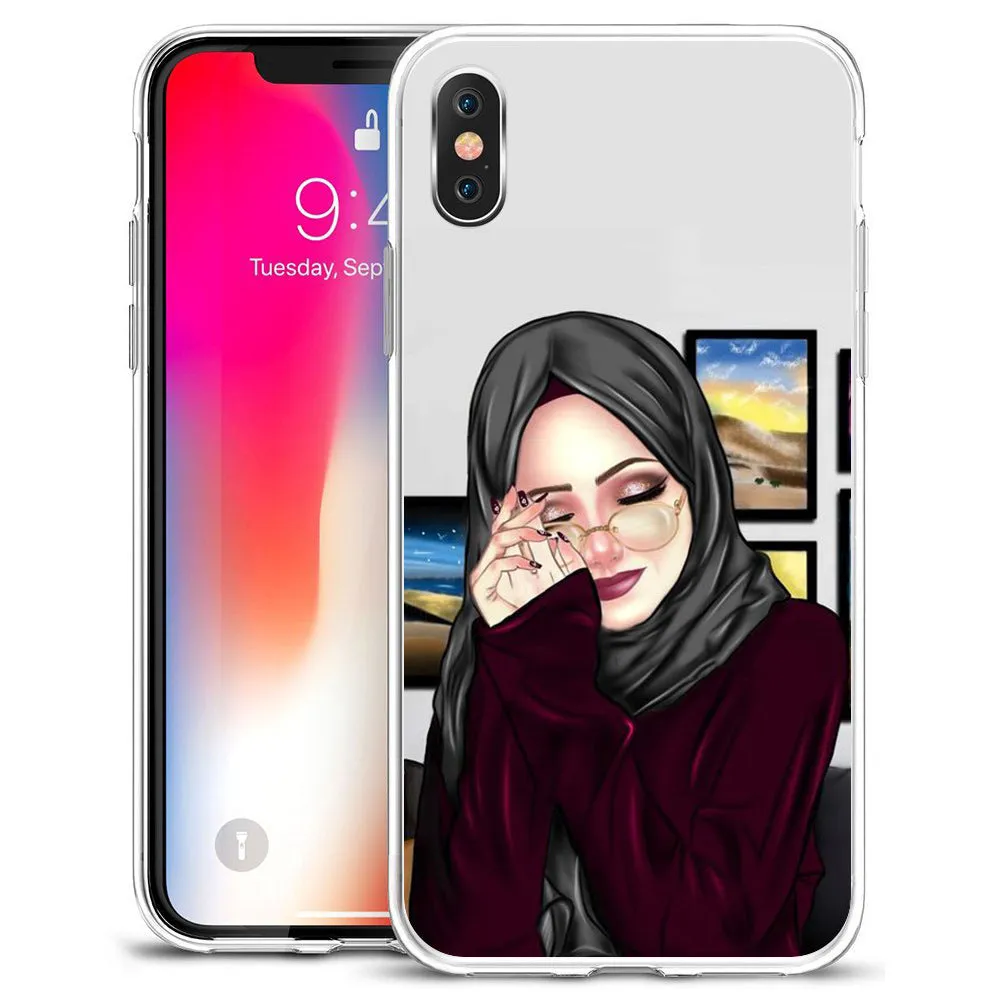 TPU back cover for iPhone with cartoon Muslim girl design on solid colour background