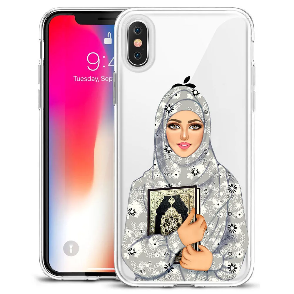 TPU back cover for iPhone with cartoon Muslim girl design on solid colour background