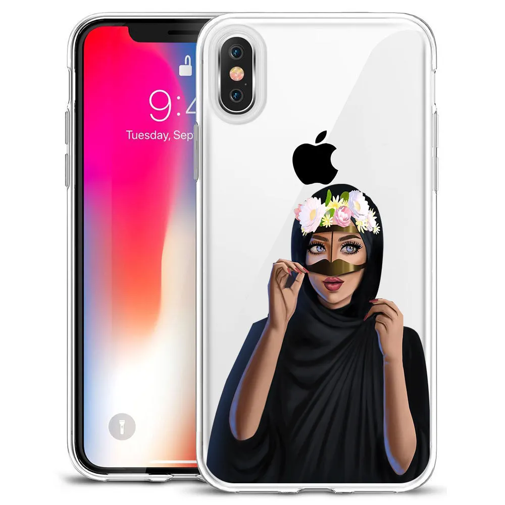 TPU back cover for iPhone with cartoon Muslim girl design on solid colour background