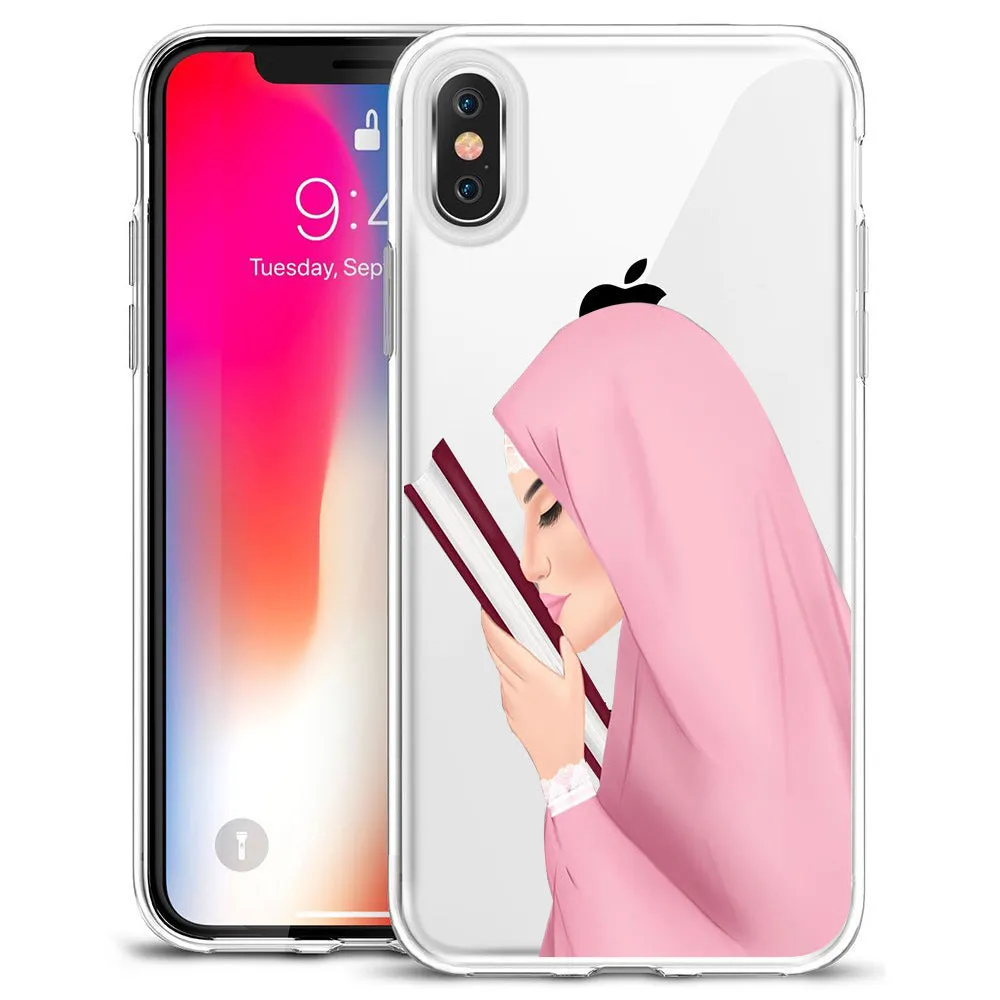 TPU back cover for iPhone with cartoon Muslim girl design on solid colour background