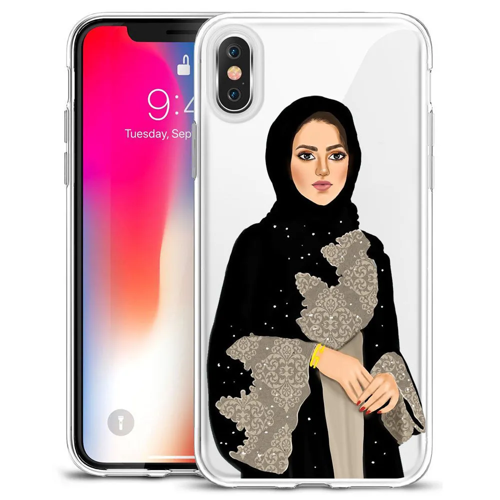 TPU back cover for iPhone with cartoon Muslim girl design on solid colour background