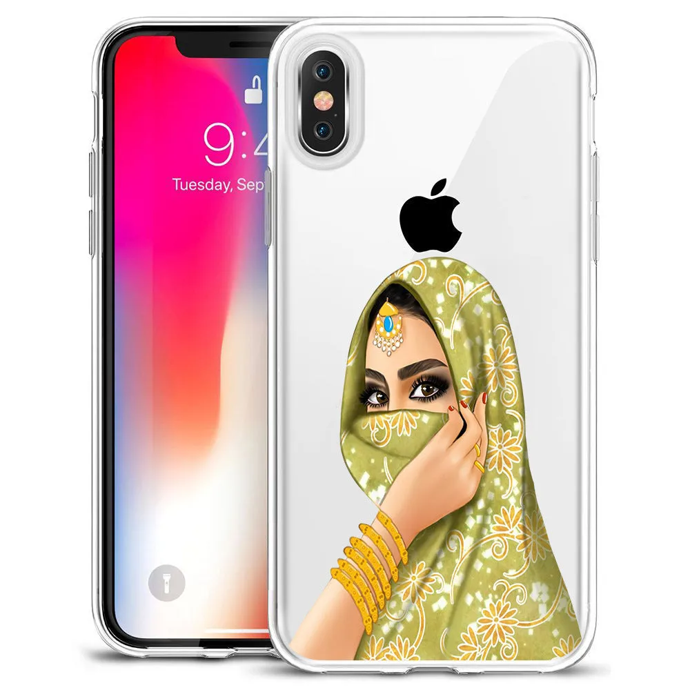 TPU back cover for iPhone with cartoon Muslim girl design on solid colour background