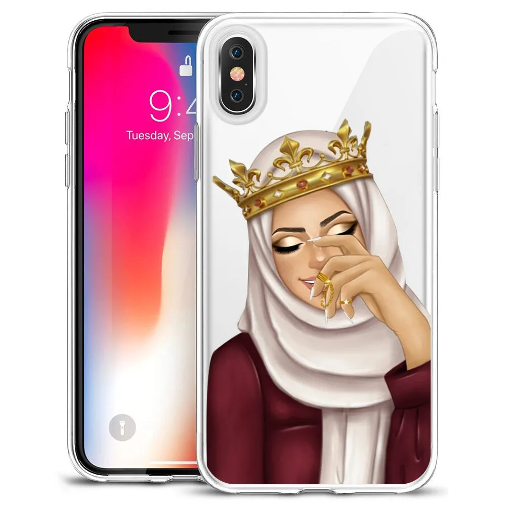TPU back cover for iPhone with cartoon Muslim girl design on solid colour background