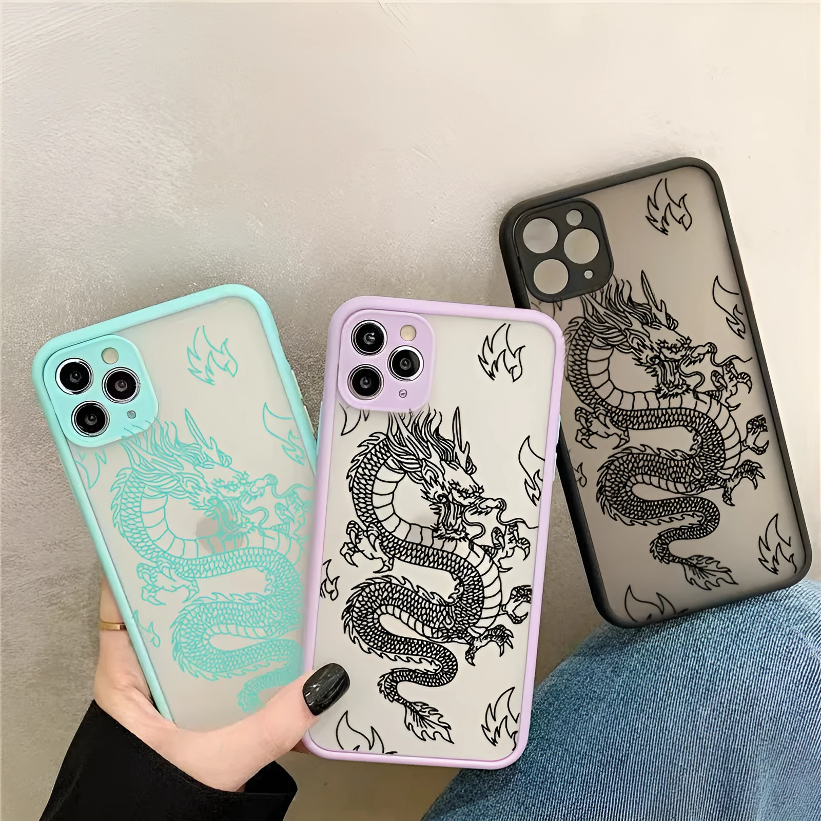 Frosted TPU+PC phone case with painted dragon design in Dragon King black for Apple iPhone