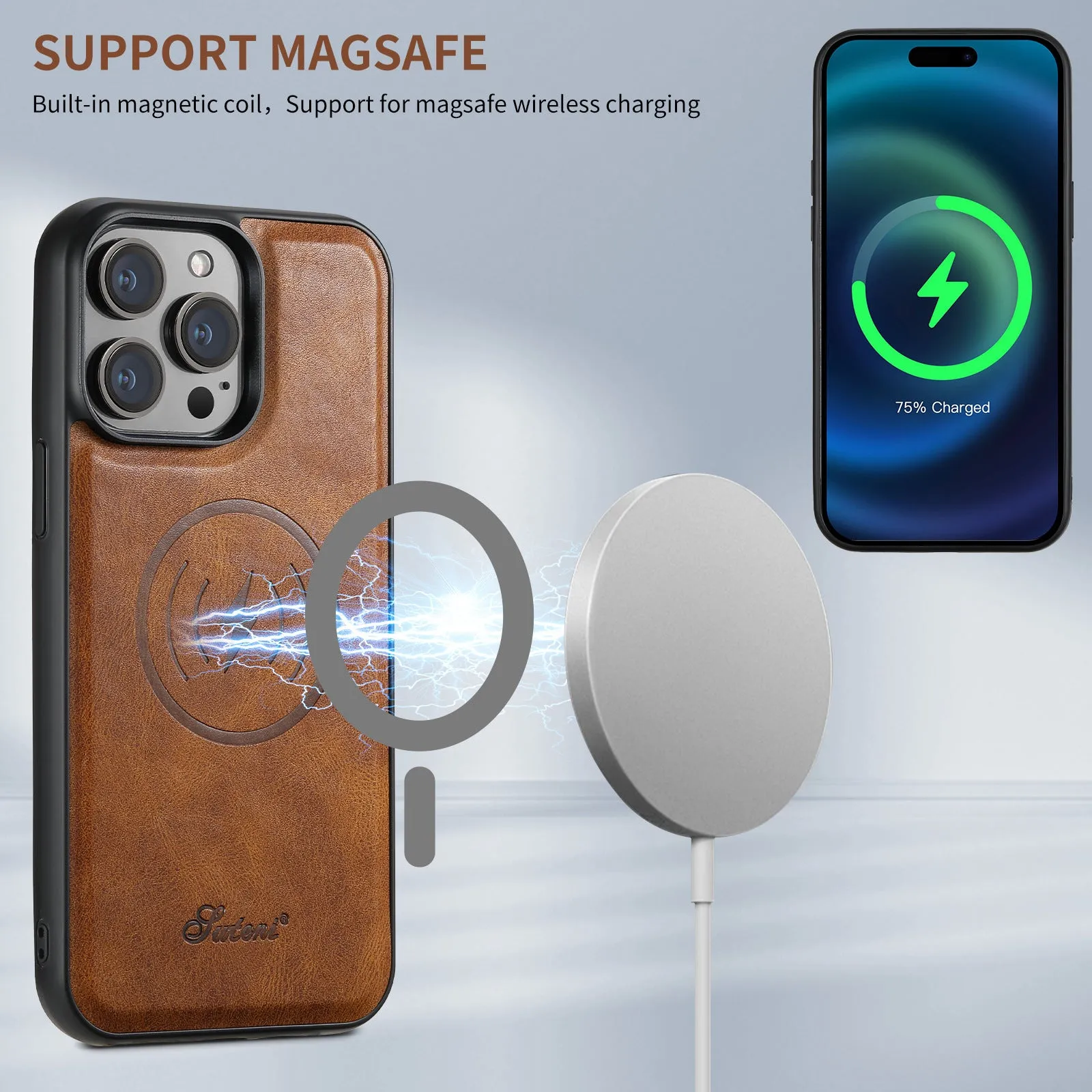 Magnetic card holder phone case for iPhone with stand bracket in Black, showing card slot and wireless charging compatibility