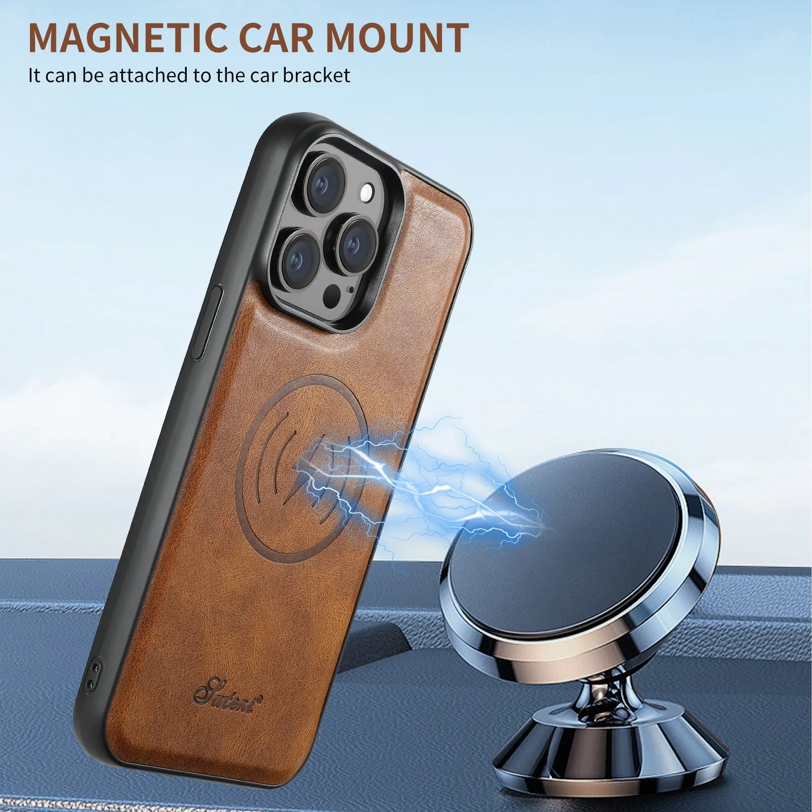 Magnetic card holder phone case for iPhone with stand bracket in Black, showing card slot and wireless charging compatibility