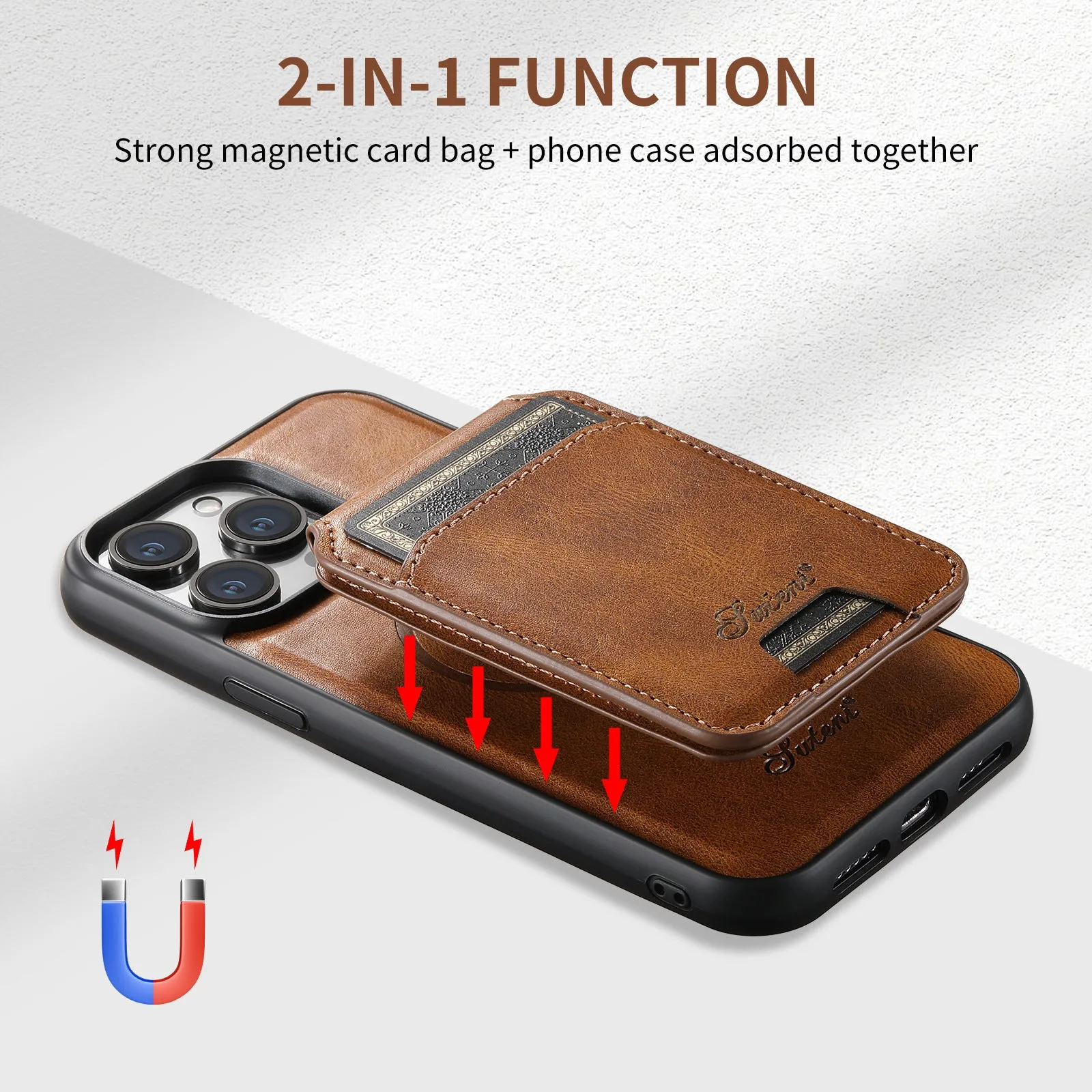 Magnetic card holder phone case for iPhone with stand bracket in Black, showing card slot and wireless charging compatibility