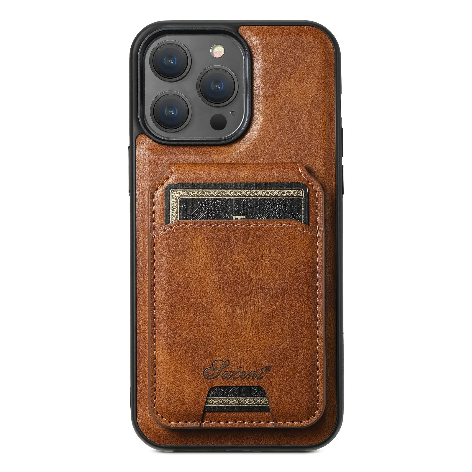 Magnetic card holder phone case for iPhone with stand bracket in Black, showing card slot and wireless charging compatibility