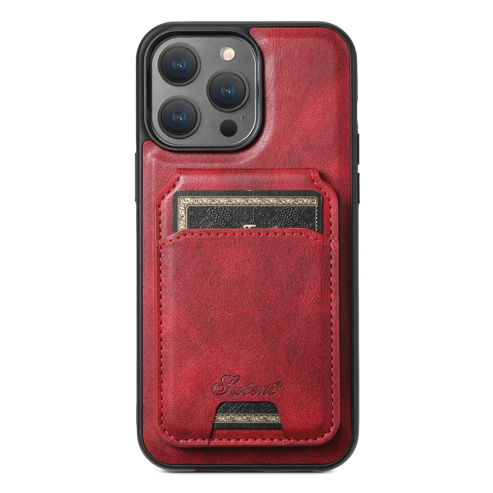 Magnetic card holder phone case for iPhone with stand bracket in Black, showing card slot and wireless charging compatibility